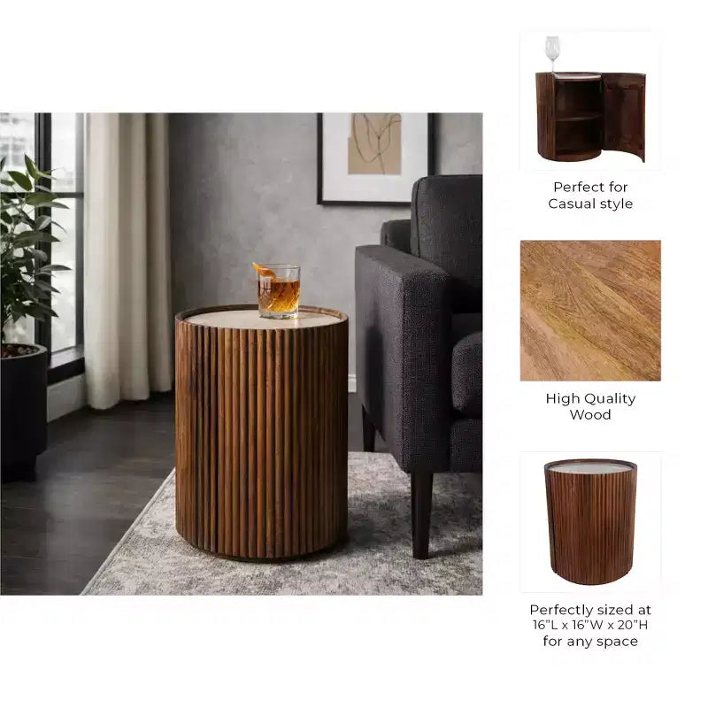Decorative Ribbed Wooden Side Table with Marble Top and Storage - Small Home Decor Table Stand for Bedroom or Living Room Decor