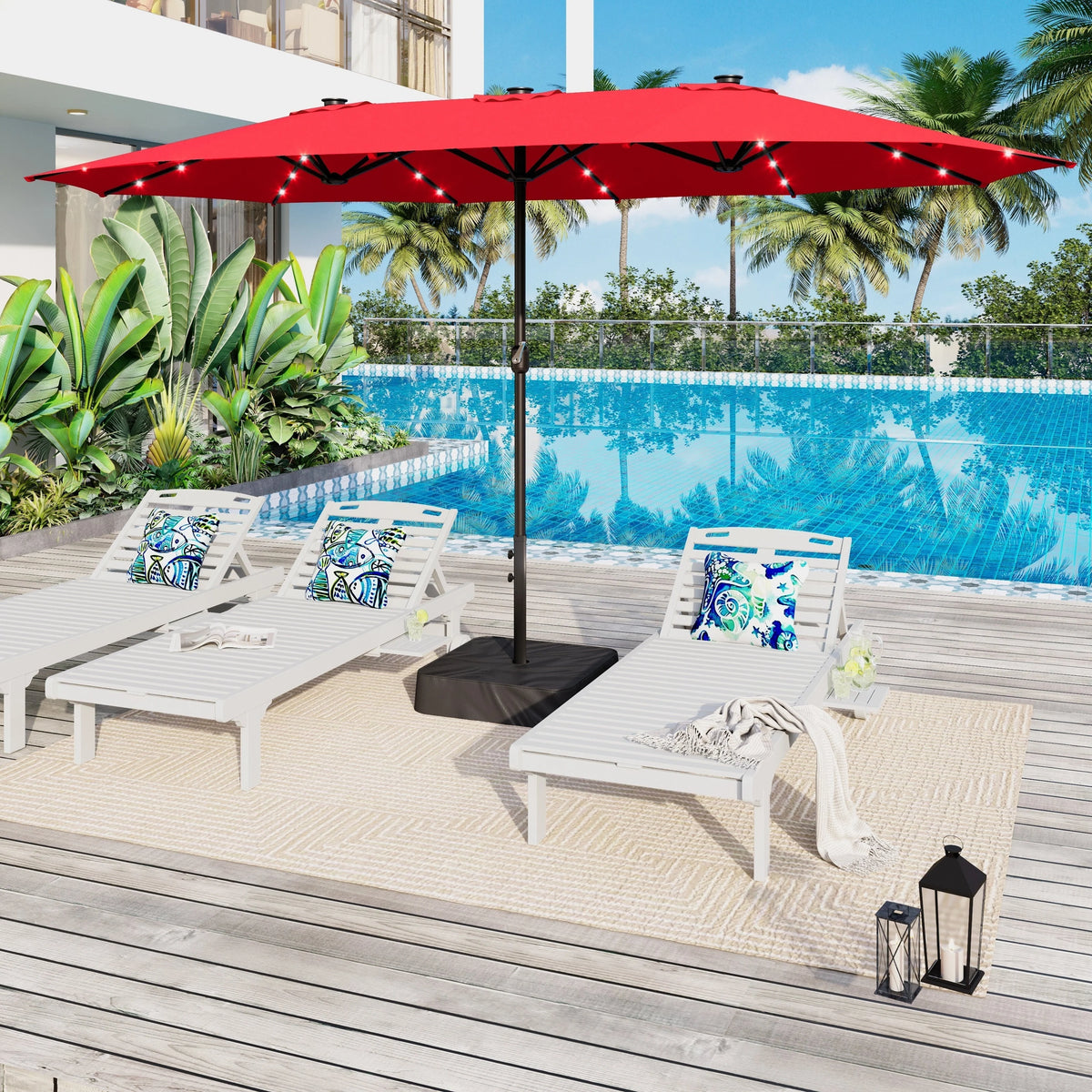 Parasol de marché extérieur rectangulaire de 4,5 m avec manivelle, double face, lumières LED solaires et base incluse