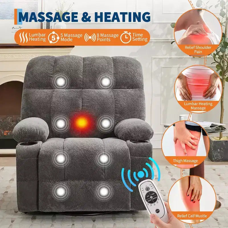 Oversized Recliner Chair for Adults, Manual Swivel Rocker Sofa, Side Pockets & Cup Holders for Big and Tall Persons, Living Room
