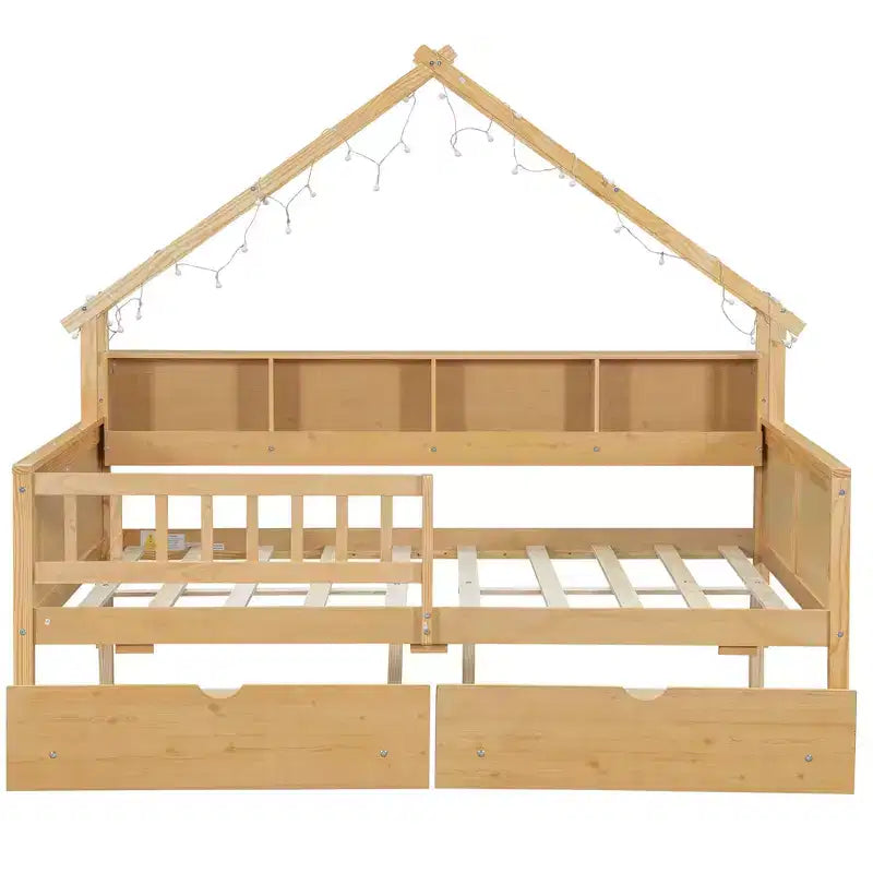 Full Size House Bed Frame with Drawers, House Platform Bed with LED Lights, Storage Shelves & Drawers, Wood Daybed with Roof and Guardrail