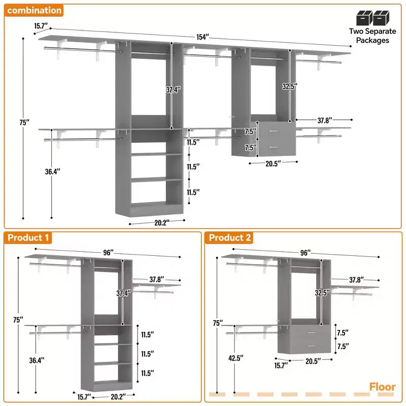 Freestanding Closet System with 8 Hannging Rods and Drawers, Hanging Closet Organizer with 10 Shelves