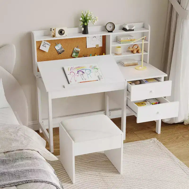 Kids Desk and Chair Set, Wooden Study Table with Adjustable Tilt Desktop, Drawers & Cork Board - Children School Learning Desk Set