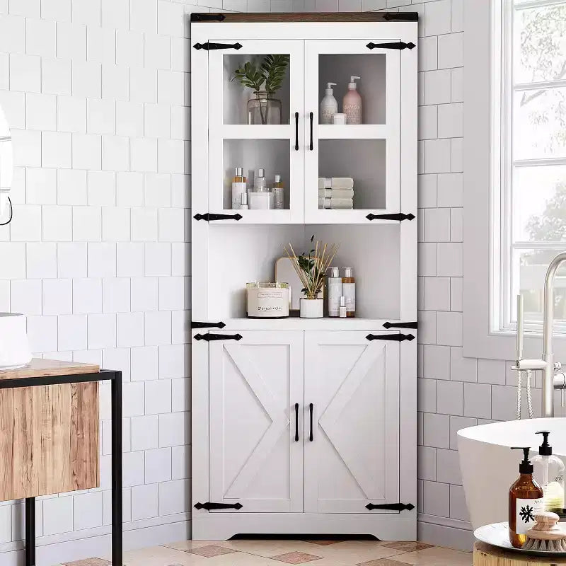 69 Tall Corner Cabinet, Farmhouse Corner Storage Cabinet, Space Saving Storage, Glass Door, Adjustable Shelves, for Living Room, Kitchen