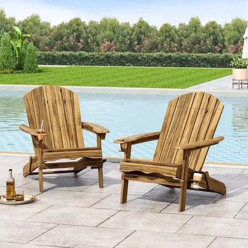 2pk Bellwood Outdoor Acacia Wood Folding Adirondack Chairs Natural - Christopher Knight Home: Weather-Resistant with Cup Holders