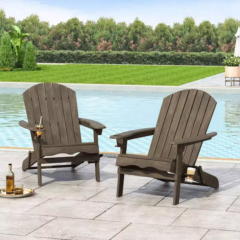 2pk Bellwood Outdoor Acacia Wood Folding Adirondack Chairs Gray - Christopher Knight Home: Rustic Design, Cup Holders