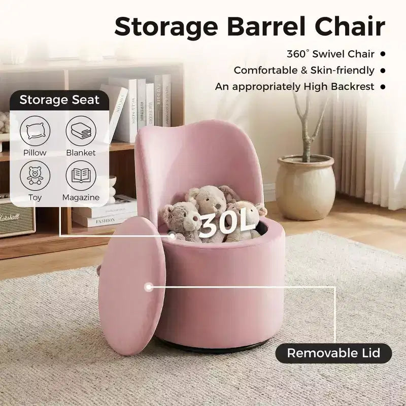 Swivel Vanity Chair with Storage, Upholstered Round Makeup Stool with Back, Soft Padded Barrel Accent Armchair for Bedroom & Living Room