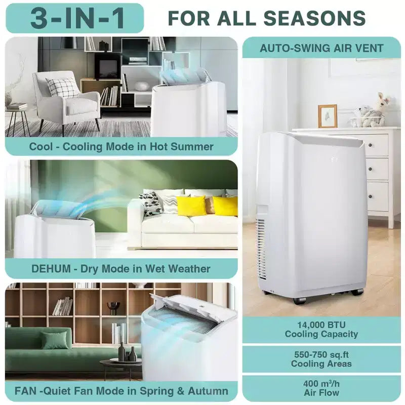 14000Btu Portable Air Conditioner Cools Up to 750 Sq.Ft, Portable AC Unit with Dehumidifier