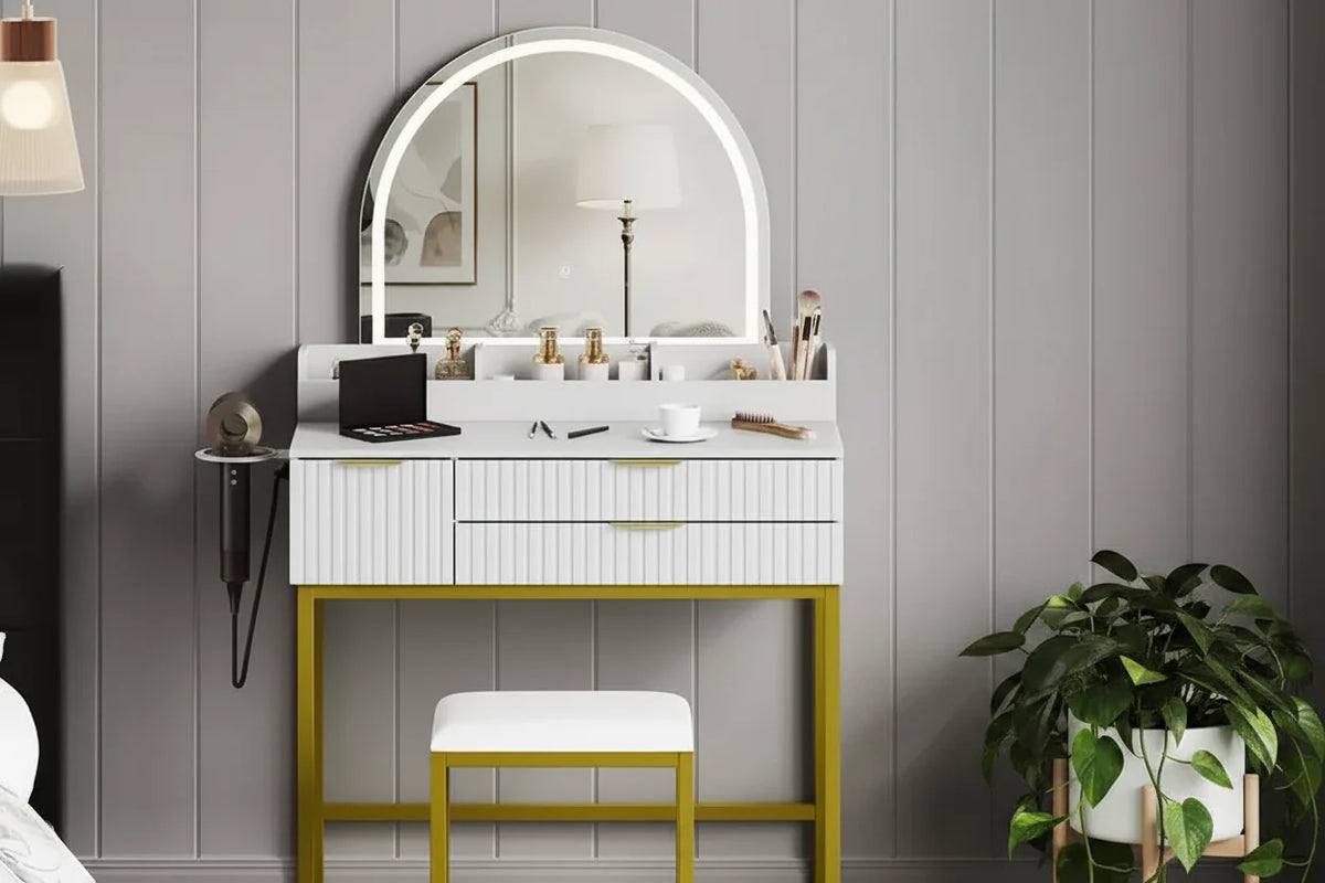 Vanity Desk with Mirror and Lights, LED Lighted Mirror Design, Ample Storage Drawers for Cosmetics and Toiletries Organization