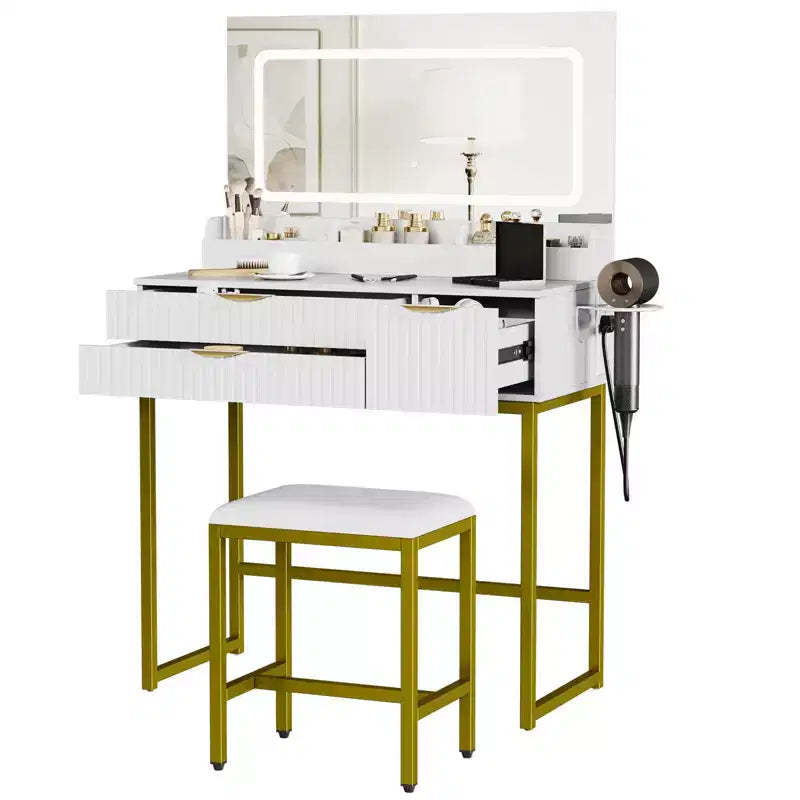 Vanity Desk with Mirror and Lights, LED Lighted Mirror Design, Ample Storage Drawers for Cosmetics and Toiletries Organization