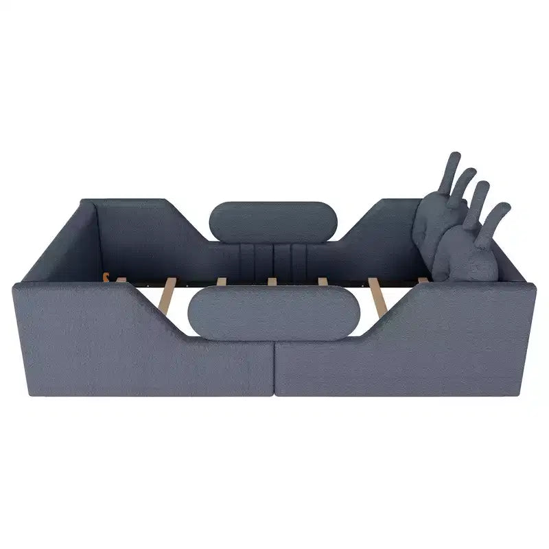 Whisen Twin Platform Bed, Kids Floor Upholstered Bed Frame with Rabbit Cushion, Removable Side Rails