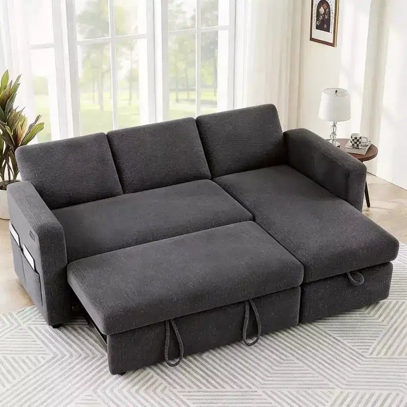 2-in-1 Pull Out Sleeper Sofa with Storage Chaise, Chenille Sectional Couch with USB Ports for Living Room