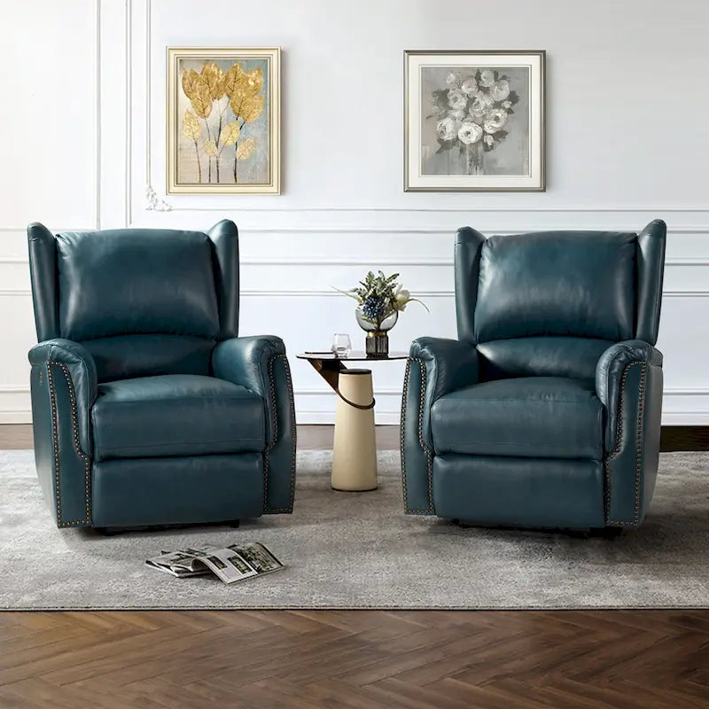 Genuine Leather Power Recliner with USB Port 鈥?Wingback Nailhead Set of 2