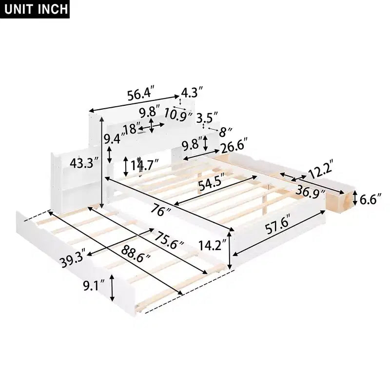 Lit plateforme complet avec lit gigogne, tête de lit bibliothèque et station de recharge, cadre de lit double en bois avec étagères et tiroirs