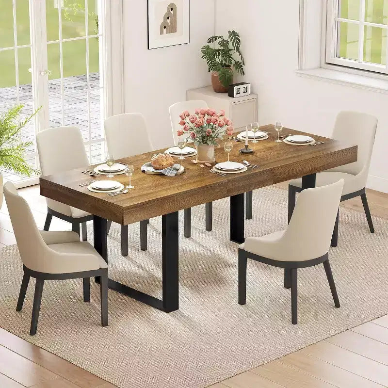 Zevemomo 63-78.7 Expandable Dining Table, 6-10 Rectangular Kitchen Table with Metal Track, Tapered U-Shaped Legs for Dining Room, Office-Brown