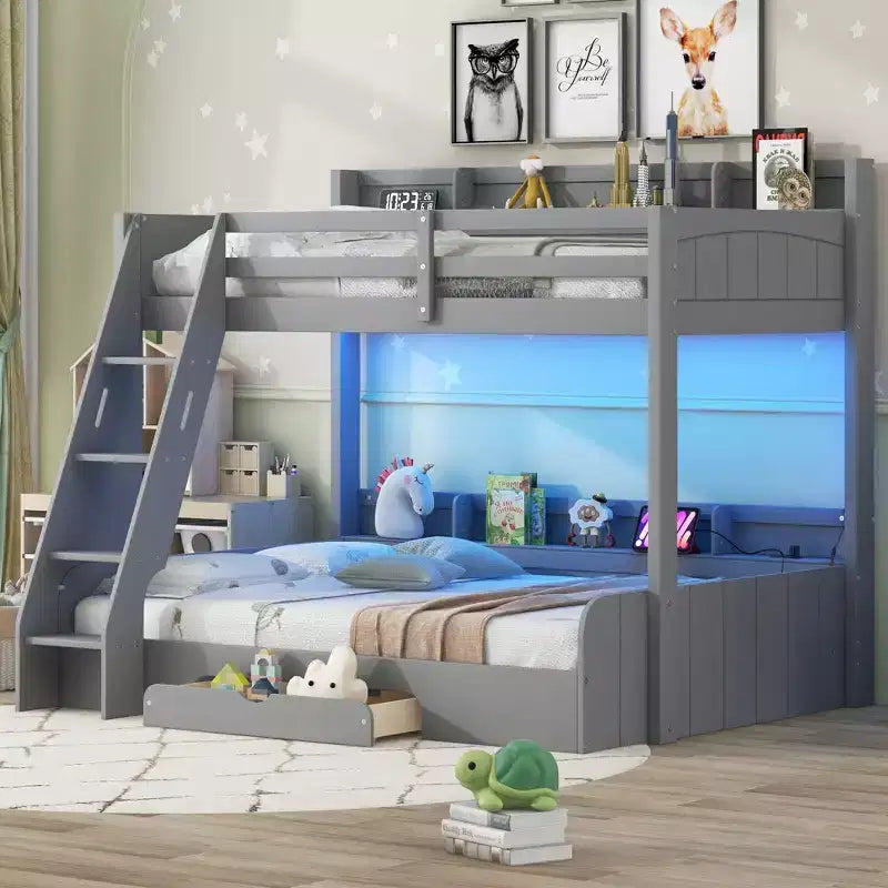 Twin over Full Bunk Bed with Storage, LED Lights & Charging Station, Wood Bunked Bed Beside Shelves for Kids & Teens