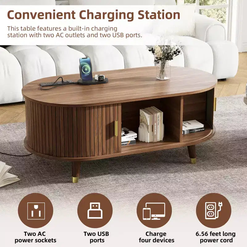 CLIHOME Wooden Farmhouse TV Stand & Coffee Table Set with Charging Station, Oval Fluted Media Console for TVs up to 80