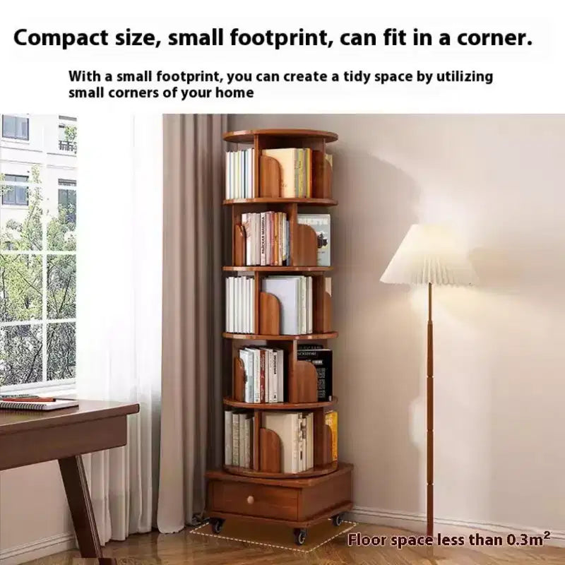 Chic Crate 6-Tier 360 Rotating Corner Bookshelf with Wheels, Narrow Bookcase for Small Spaces  Walnut Brown