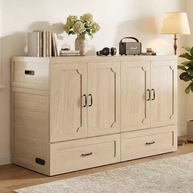 Mjkone Queen Size Convertible Murphy Cabinet Bed with Mattress, USB Charging, Storage Drawers