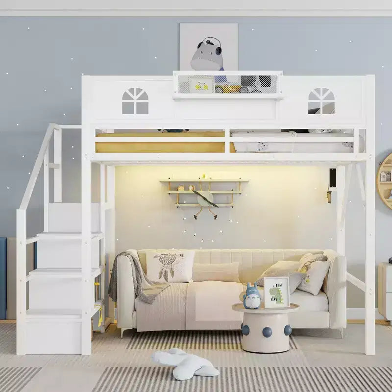 ModernLuxe Full/Queen Loft Bed with Stairs & Built-in Wardrobe, Metal Bed Frame with LED Lights, USB Charging Station & Storage Shelves
