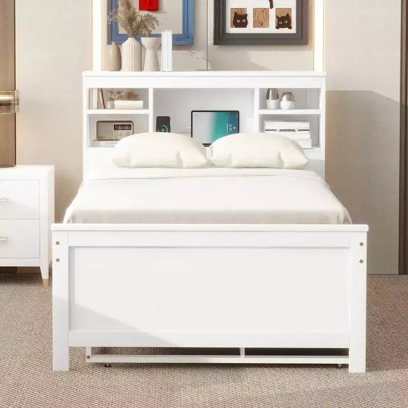 Platform Bed with Trundle and Drawers, Storage Platform Bed with USB, Wood Platform Bed with Bookcase