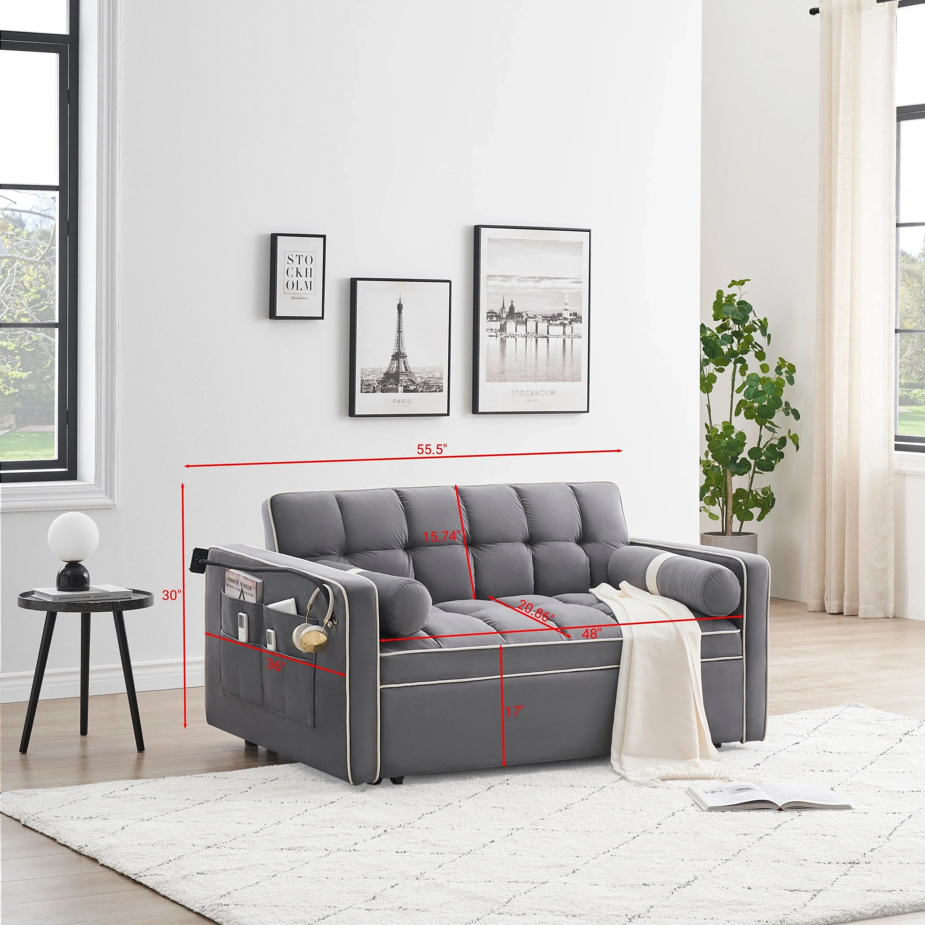 Velvet Convertible 55'' 2-Seater Sleeper Sofa with Pull-Out Bed, Adjustable Recline, Side Pockets, and Phone Holder