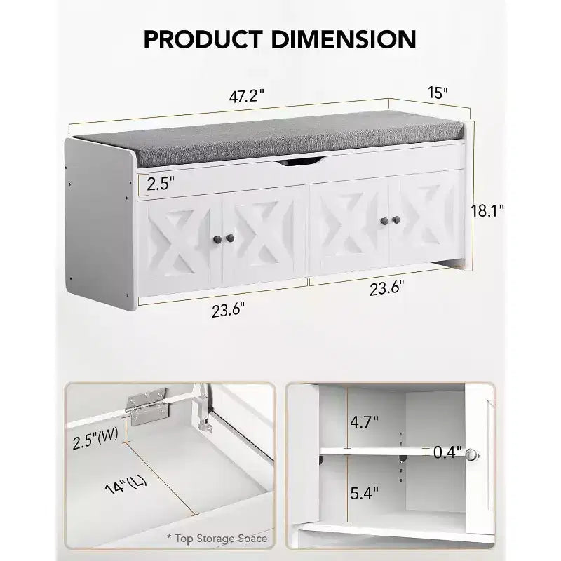 Shoe Storage Bench, 47.2 In Long Entryway Bench with Cushioned Seat Lift Top Storage, 4 Doors, 300 lbs Capacity, Bench with Shoe Rack for Entryway