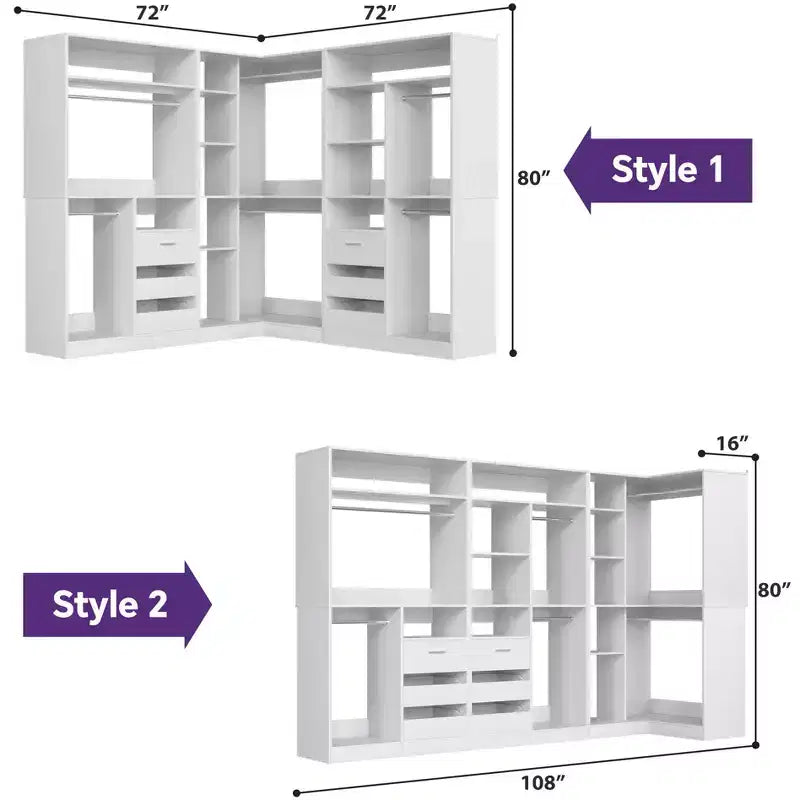 Besiost Set of 3 Corner Closet System with Tower Shelves and Drawers, Freestanding Closet Organizer with Hanging Rods