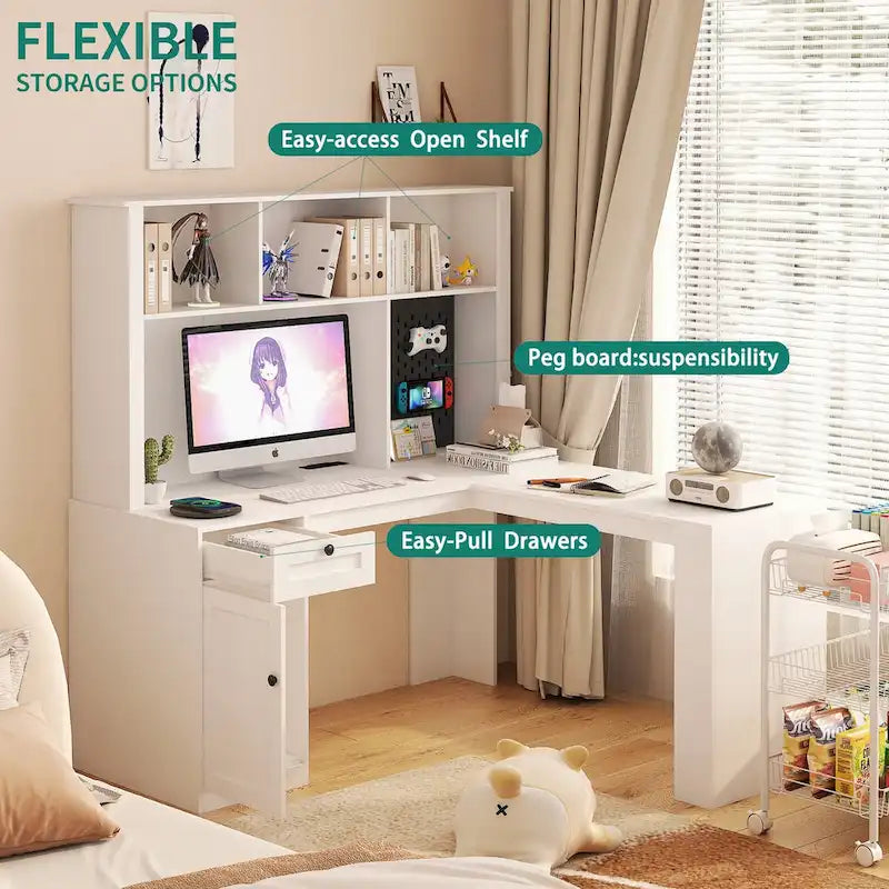 L Shaped Desk with outlet, Computer Desk with Drawers, Bookshelf & Hutch, Modern Corner Desk, Home Office Desk