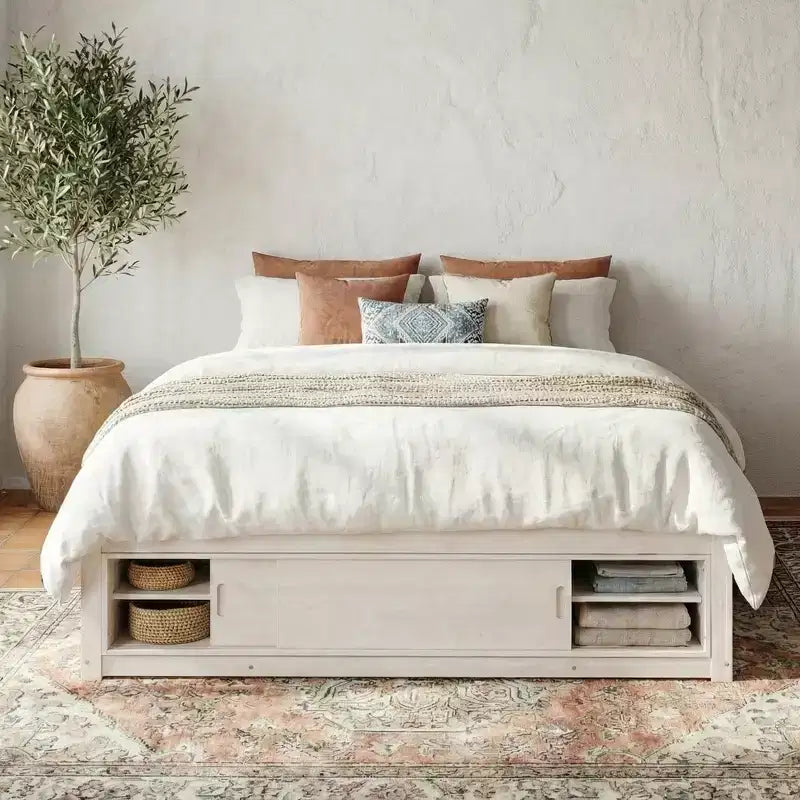 Whisen Queen Platform Bed Frame with 4 Storage Drawers and Footboard Storage