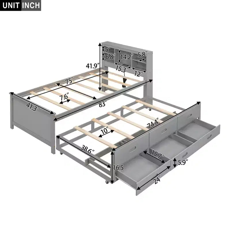 Platform Bed with Trundle and Drawers, Storage Platform Bed with USB, Wood Platform Bed with Bookcase