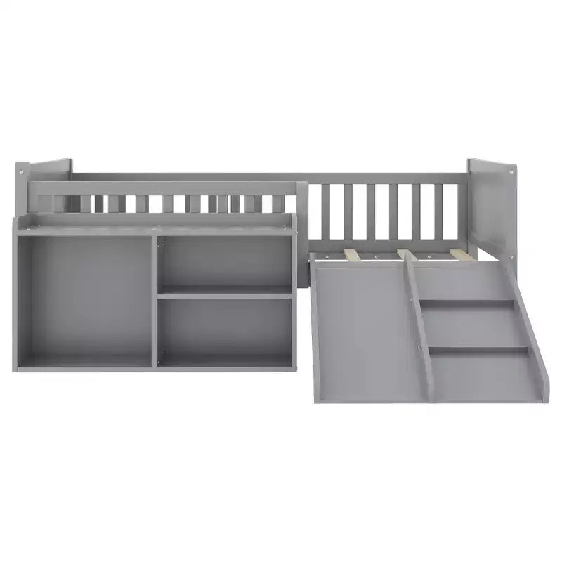 Whisen Twin Size Low Loft Bed Frame for Kids with Slide, Movable Bookshelf Storage, Guardrails, Low Loft Bed Frame