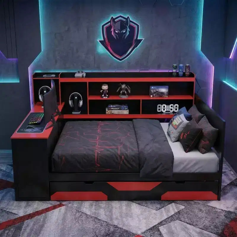 Gamer Hub Daybed with Desk, RGB Lights, Charging Station, Storage Drawers & Bookcase Headboard