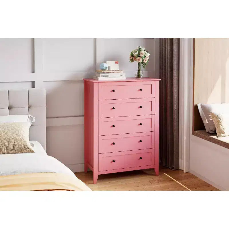 5-Drawer 42.5-Inch Tall Dresser for Bedroom, Wooden Storage Cabinet with 11.9-Inch Deep Drawers & Gold Metal Knobs, Ideal for Entryway, or Hallway