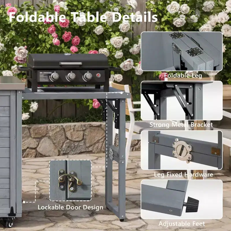 FAMYYT 78.3-Inch Outdoor Kitchen Island with Stainless Steel Countertop, Foldable BBQ Station, and Storage Cabinets, Grey Blue