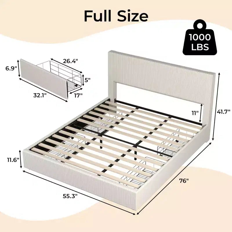 CuisinSmart Corduroy Bed Frame with Headboard, Platform Upholstered Bed Frame with 4 Storage Drawers and Wooden Slats Support