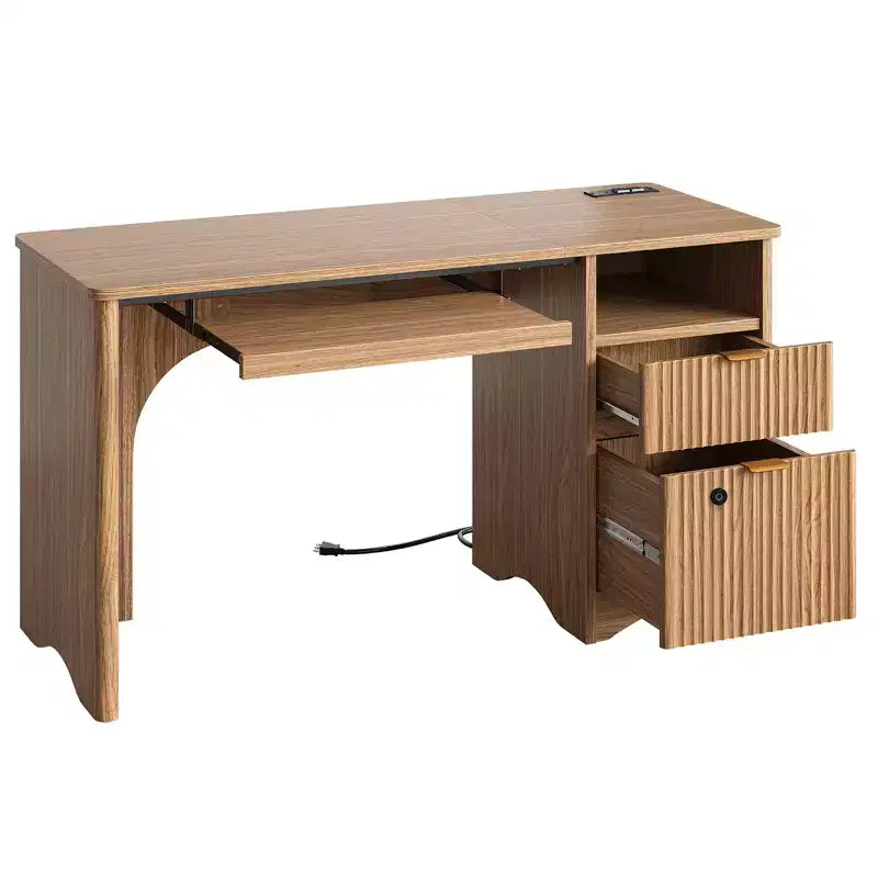 Bestier 55 Smart Computer Desk, Oak Writing Desk with File Drawers and Power Outlet, Executive Office Desk with Open Storage and Keyboard Tray