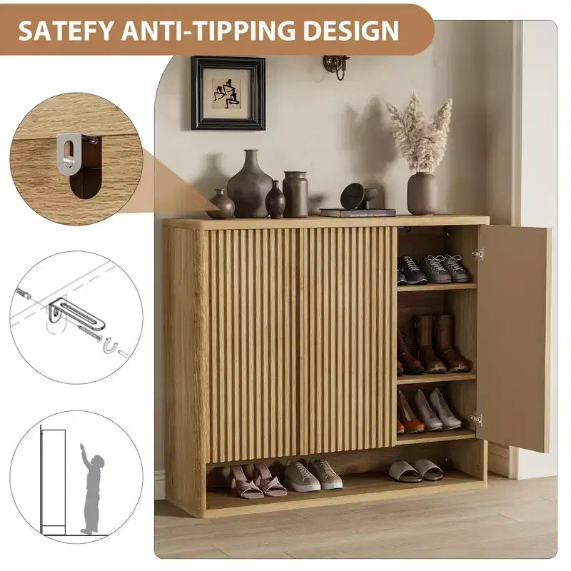 Shoe Cabinet with Fluted Door, Adjustable Shelves for Entryway Living Room