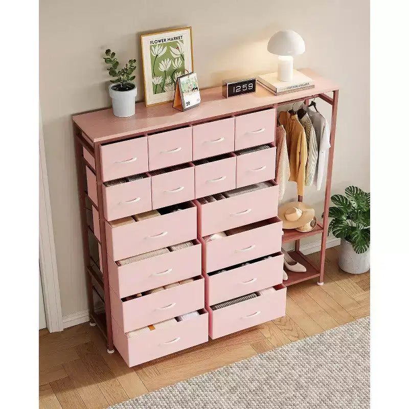 Dresser with 16 Drawers & Hanging Rod & Shelves, Fabric Storage Organizer for Bedroom, Closet, or Entryway