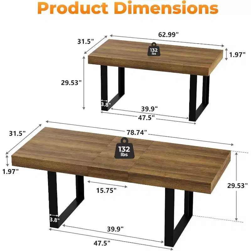 Zevemomo 63-78.7 Expandable Dining Table, 6-10 Rectangular Kitchen Table with Metal Track, Tapered U-Shaped Legs for Dining Room, Office-Brown