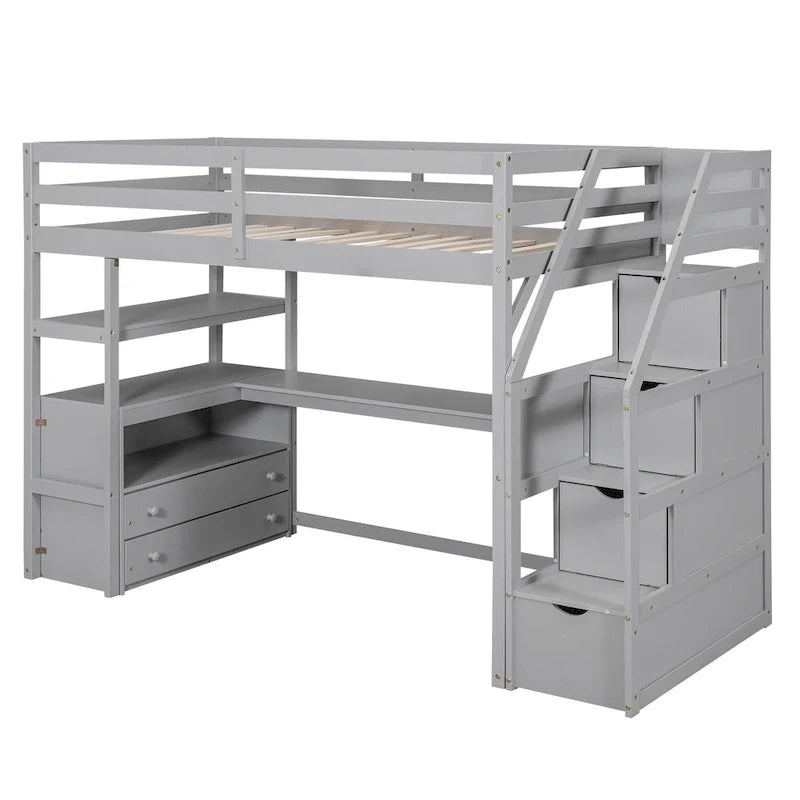Twin Size Loft Bed with Desk and Shelves, Two Built-in Drawers, Storage Staircase