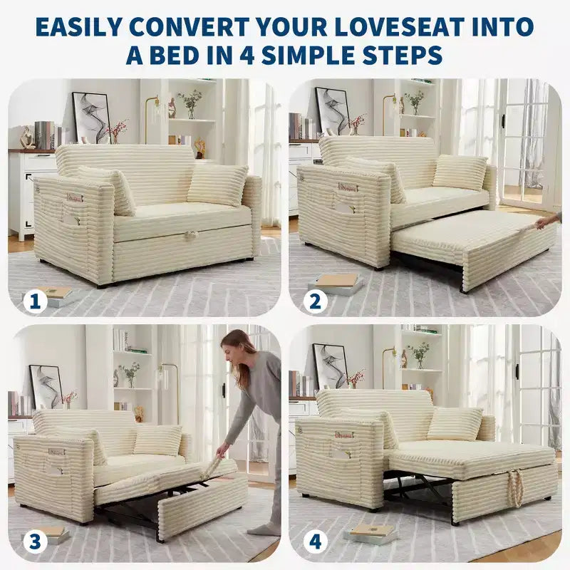 55 Convertible Loveseat Sleeper Sofa Bed with Pull-Out Footrest & Adjustable Backrest, Space-Saving Couch for Small Apartments
