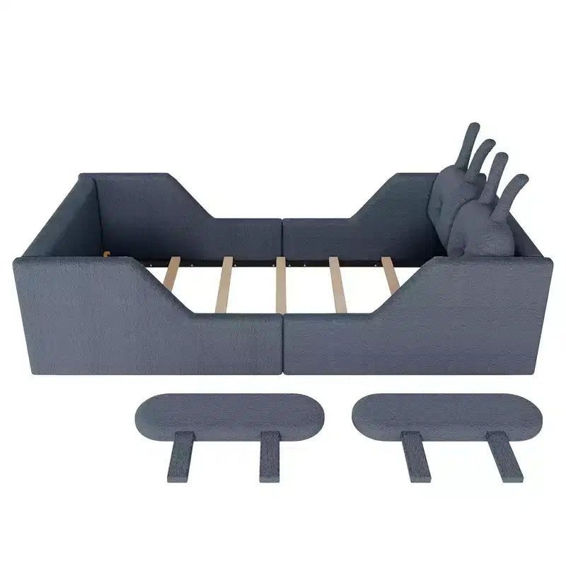 Whisen Twin Platform Bed, Kids Floor Upholstered Bed Frame with Rabbit Cushion, Removable Side Rails