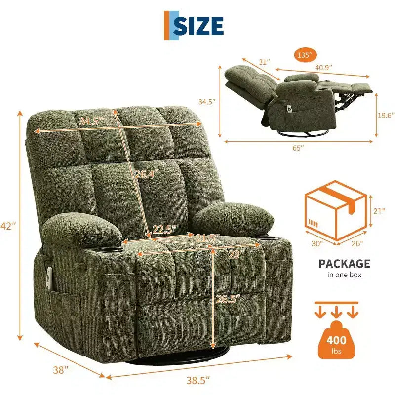 Oversized Recliner Chair for Adults, Manual Swivel Rocker Sofa, Side Pockets & Cup Holders for Big and Tall Persons, Living Room