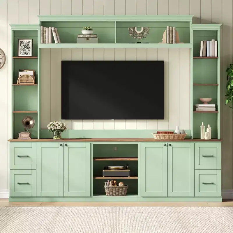 ModernLuxe 4-in-1 Farmhouse Entertainment Center Wall Unit, Fits TVs Up to 70, TV Stand Media Console w/ Adjustable Shelves & Drawers