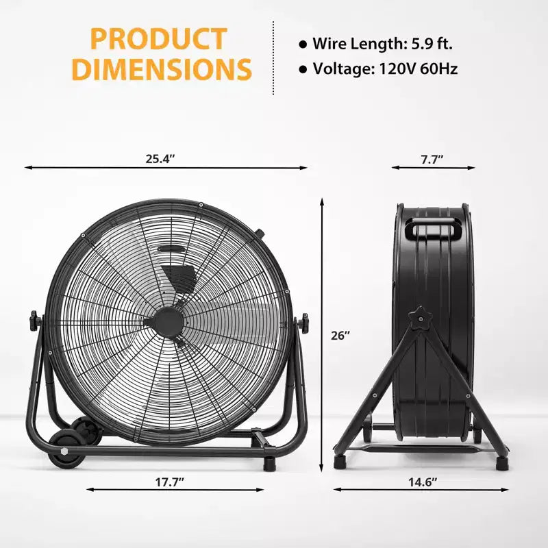 Floor Fan, Industrial Fan - 24 Inch Heavy Duty Drum Fan with 4 Speeds, Metal Air Circulator for Warehouse, Workshop, Garage, Factory, Basement