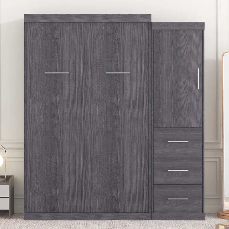 Gray Foldable Murphy Bed with Wardrobe & 3 Drawers, Full/Twin, 1-Person