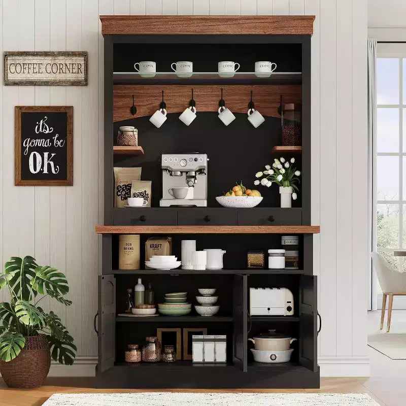 72 Tall Farmhouse Style Coffee Bar Cabinet with LED Lights, Kitchen Buffet Featuring Doors and Drawer, Adjustable Shelves, Spacious Storage