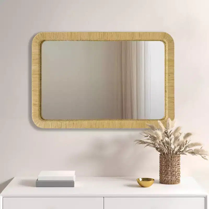 Specchio da parete rettangolare in rattan naturale