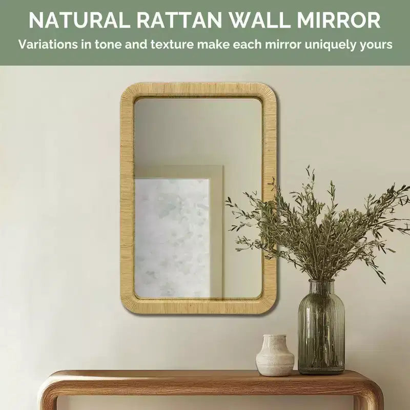 Specchio da parete rettangolare in rattan naturale