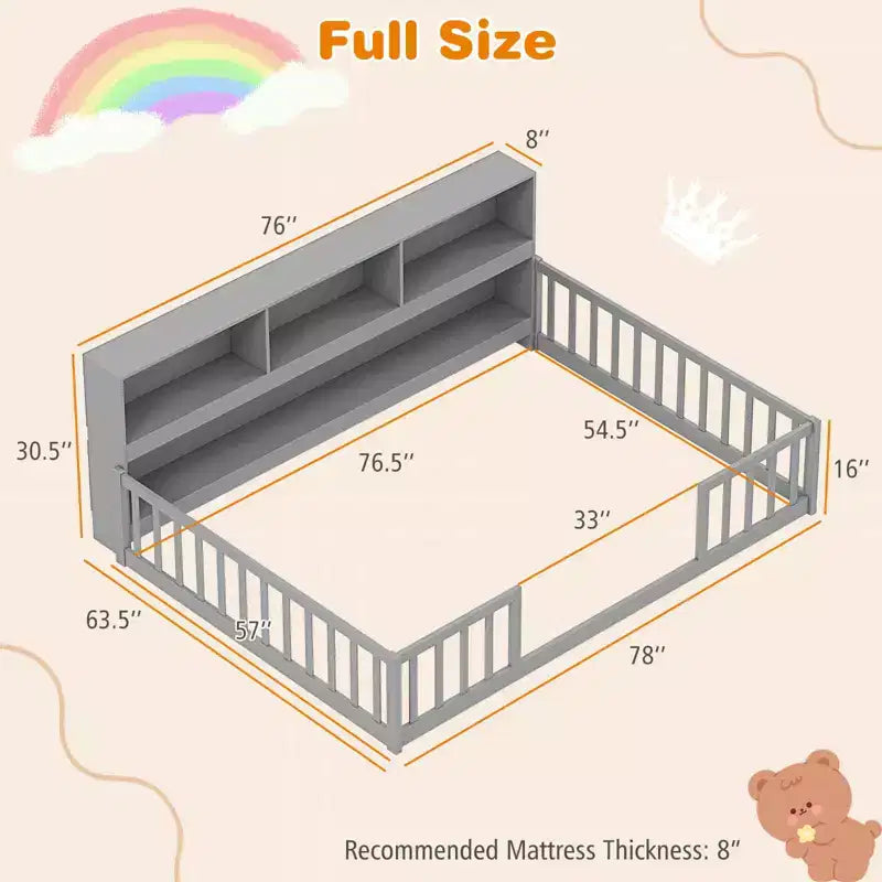 Twin/Full Size Montessori Floor Bed with Bookcase Storage Shelves & Safety Fence Rails White/Gray